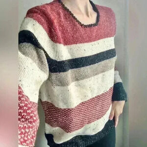 Northern Reflections Womens Red Striped Knit Cotton Cottagecore Sweater Large